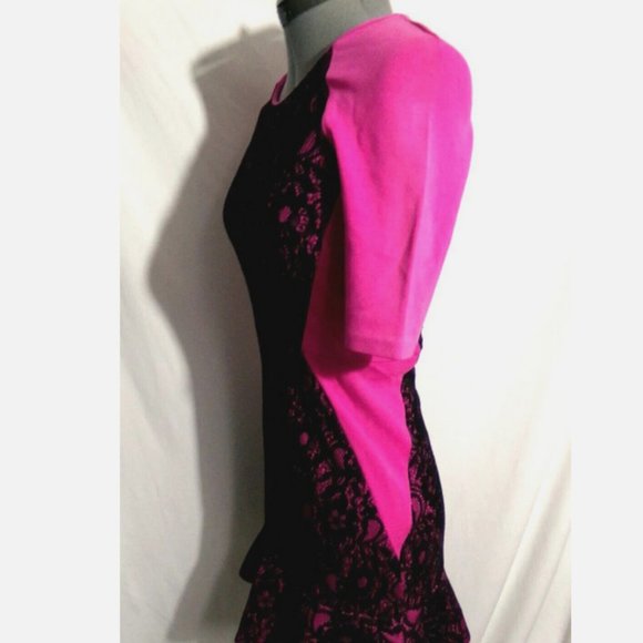 JUICY COUTURE Stretch knit Tulip retro Dress sz 0 Hot Pink Black Lace scoop neck - Picture 6 of 9
